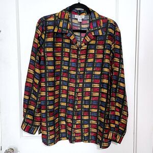 Vintage Stunt Silk Shirt Blouse Women’s Medium M Geometric Bold Button Up Top